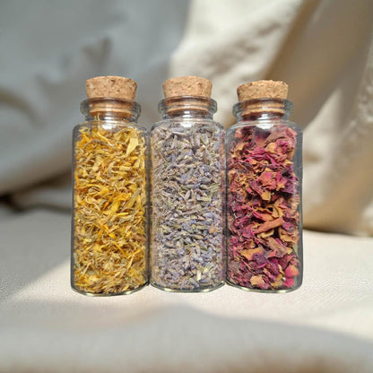 Three glass jars with cork lids containing different colored dried herbs on a light background