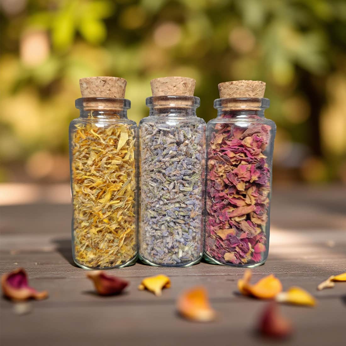 Three glass jars with cork lids containing dried herbs on a wooden surface with a blurred natural background.
