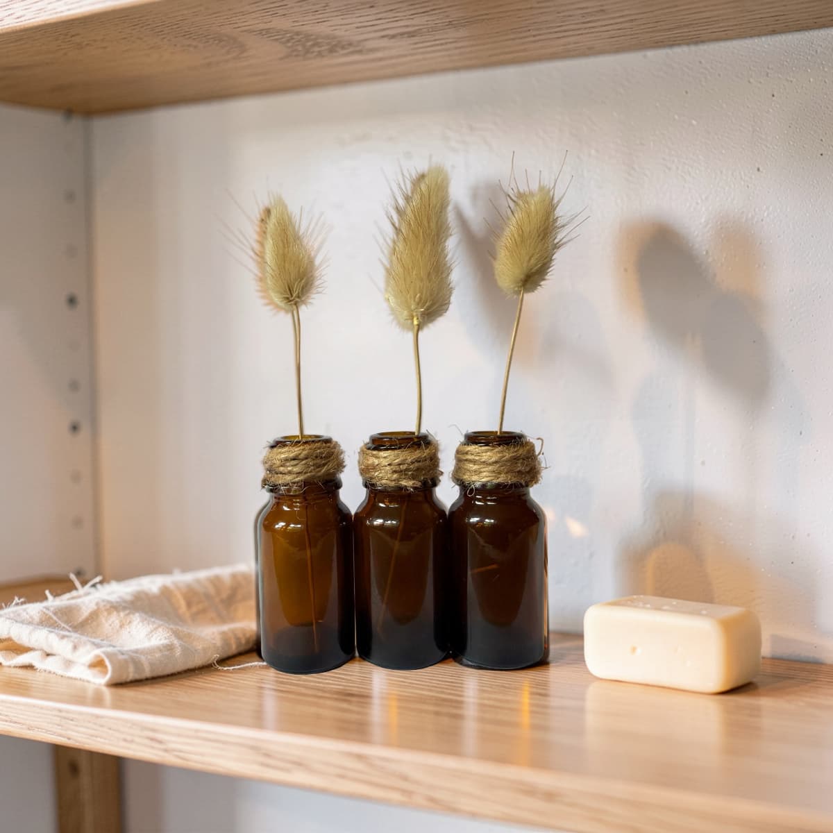 Mini Amber Glass Bud Vases | Set of 3 with Dried Bunny Tails