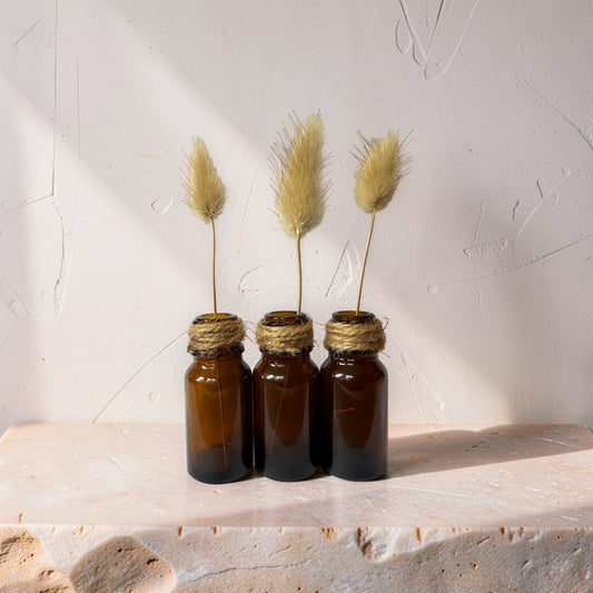 Mini Amber Glass Bud Vases | Set of 3 with Dried Bunny Tails