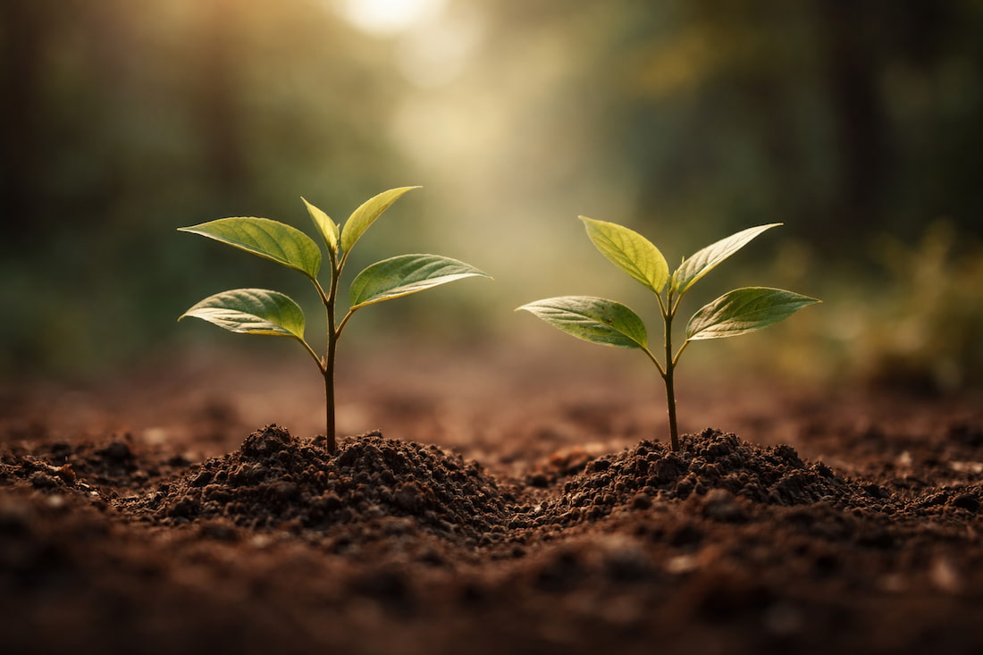 Two young plants growing in soil with a blurred natural background