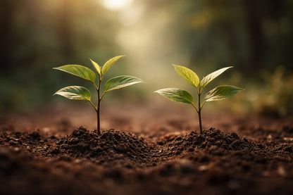 Two young plants growing in soil with a blurred natural background