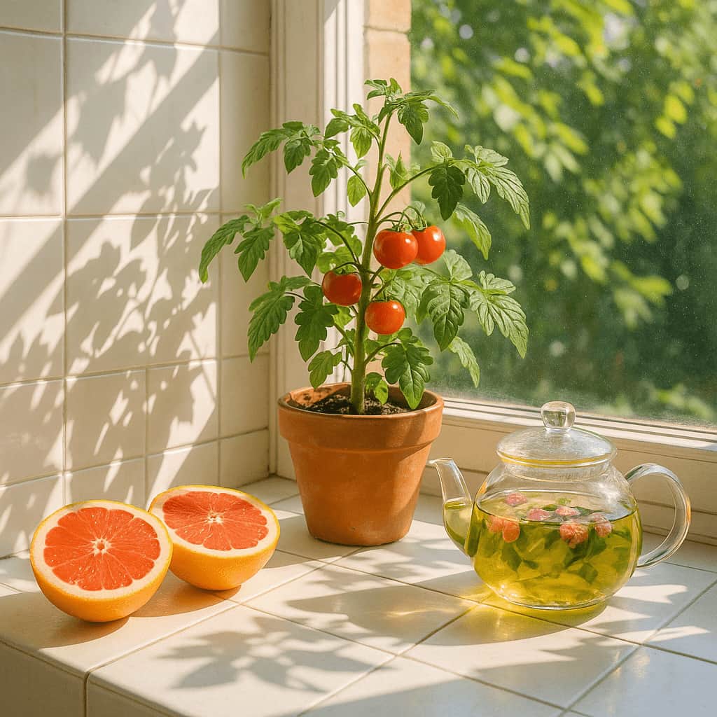 Potted tomato plant with tomatoes, half a grapefruit, and a glass teapot with tea on a windowsill.