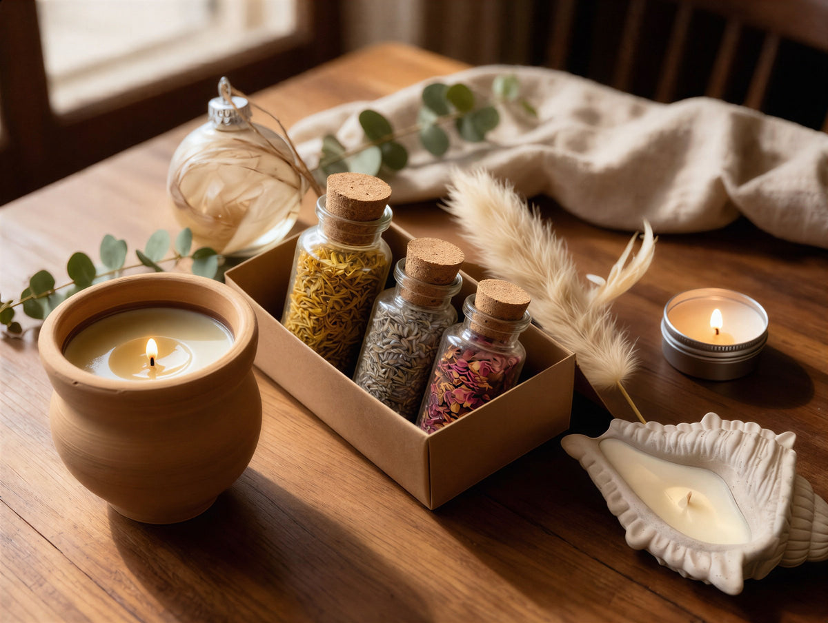 Hand-poured vegan candles in repurposed terracotta and shell vessels with a gift box of botanical bath tea