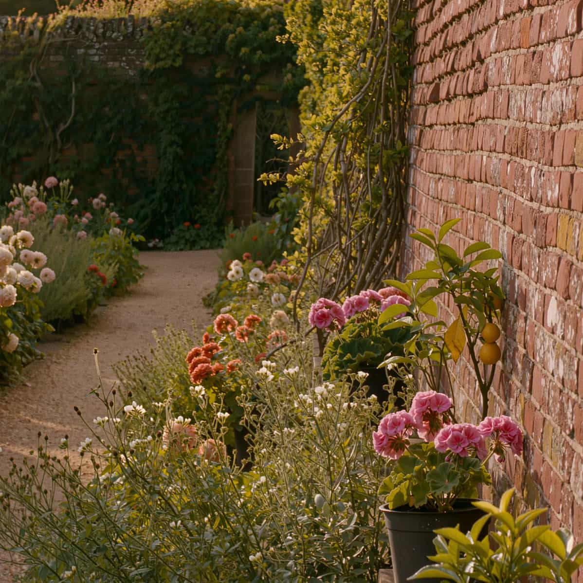 A lush garden pathway lined with blooming pink and orange flowers, green foliage, potted plants, and a red brick wall under warm natural light.