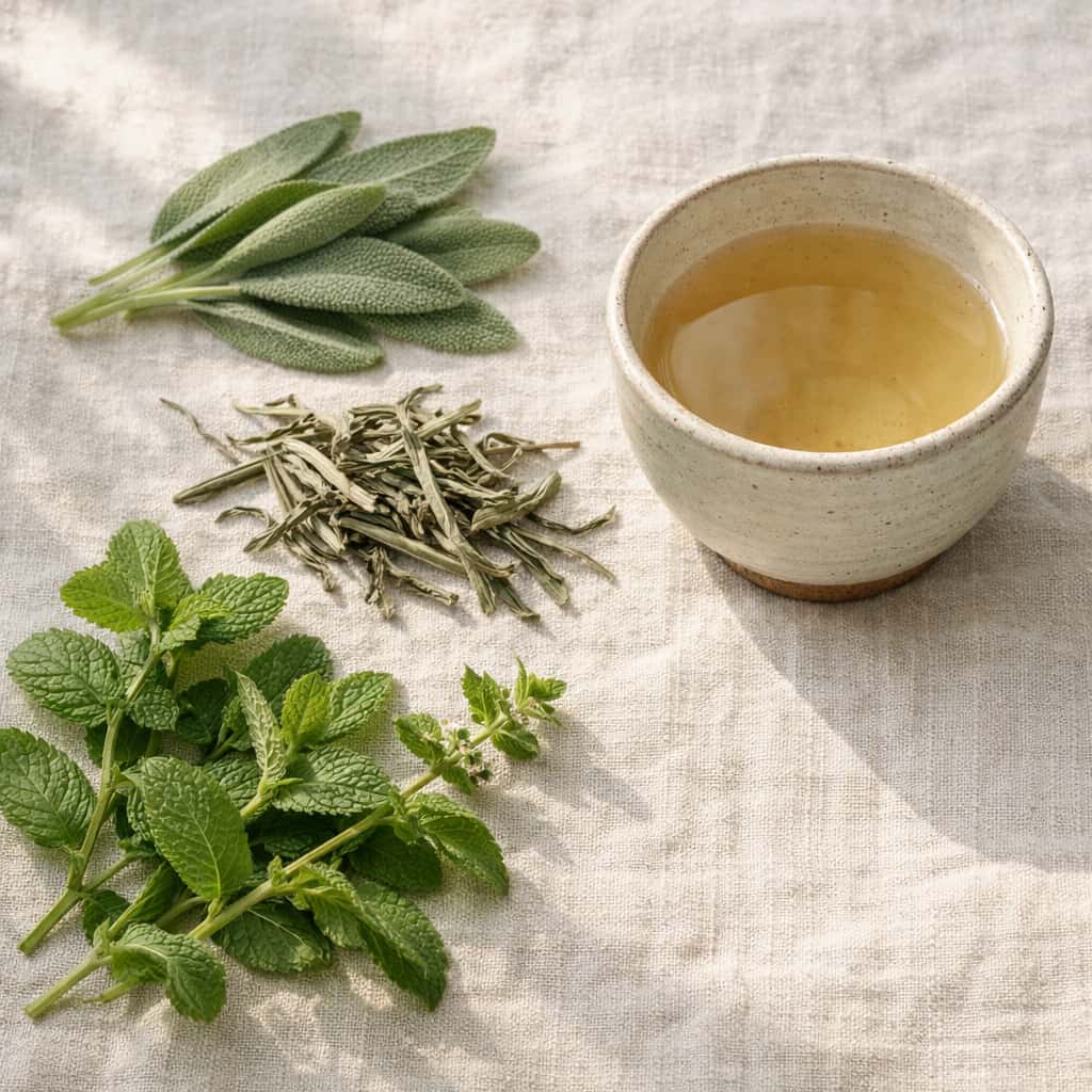 Herbal tea leaves and a cup of tea on a textured surface