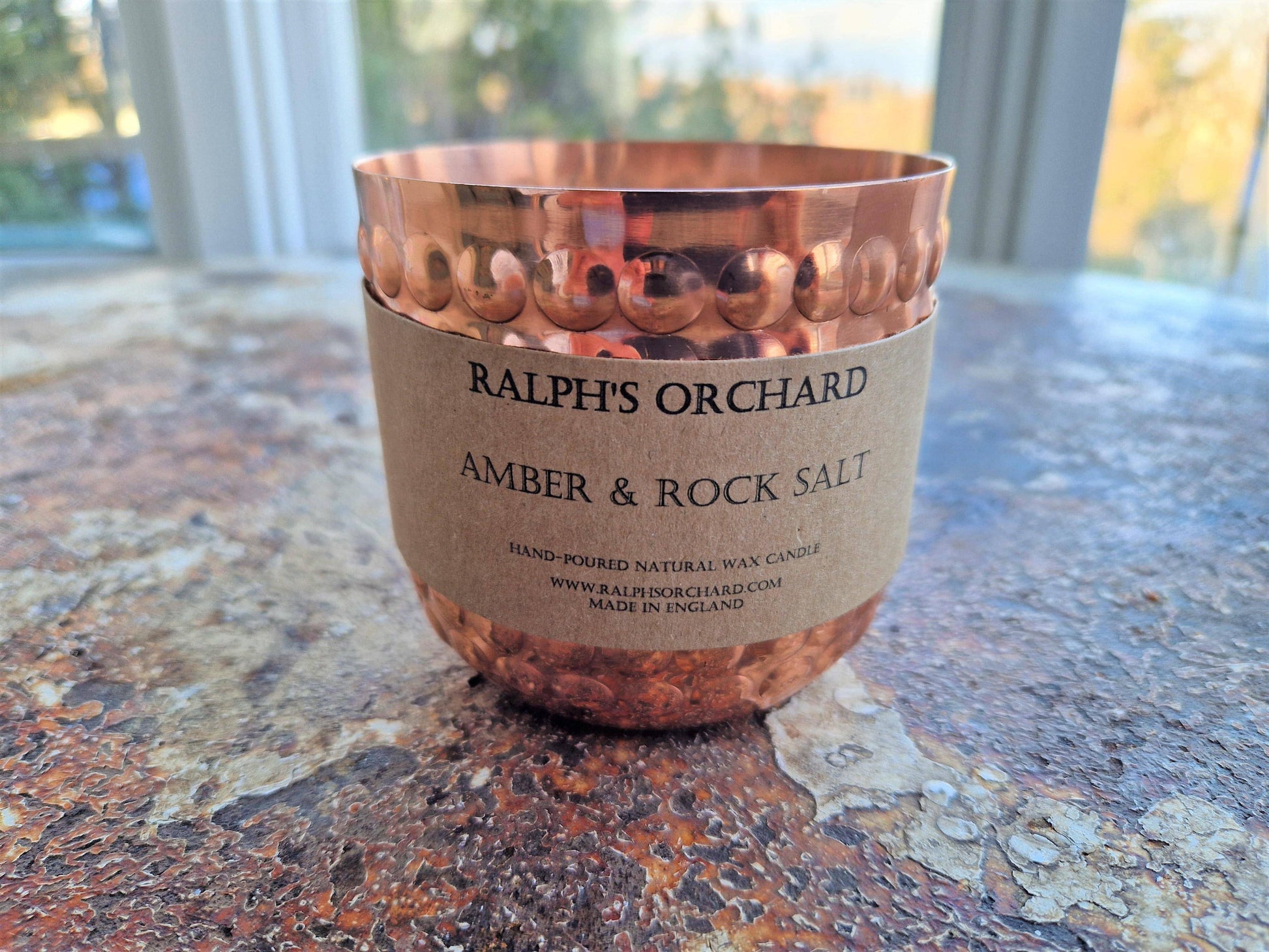 Amber & Rock Salt scenetd candle in copper tin