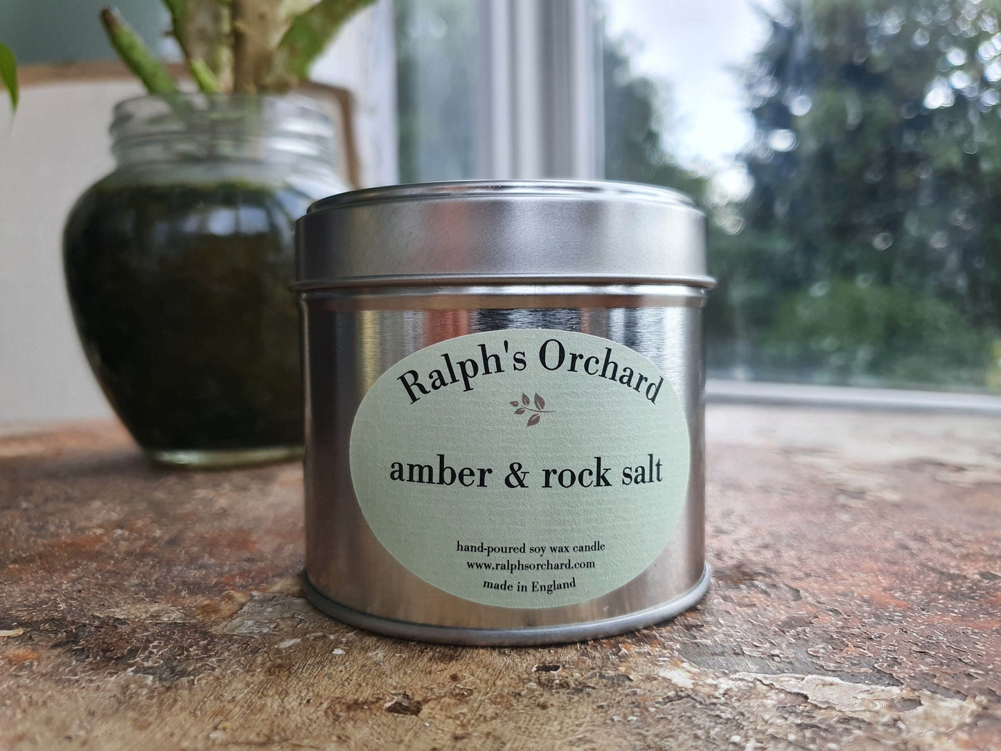 Amber & Rock Salt scenetd candle in silver tin