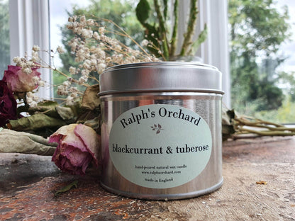 blackcurrant & tuberose candles in tin and glass
