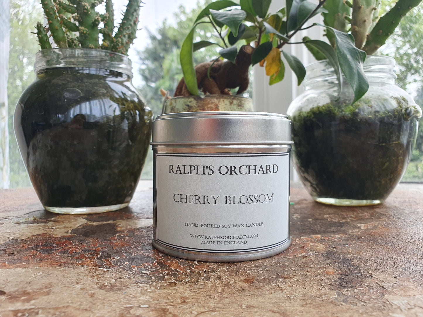 cherry blossom candle in silver tin