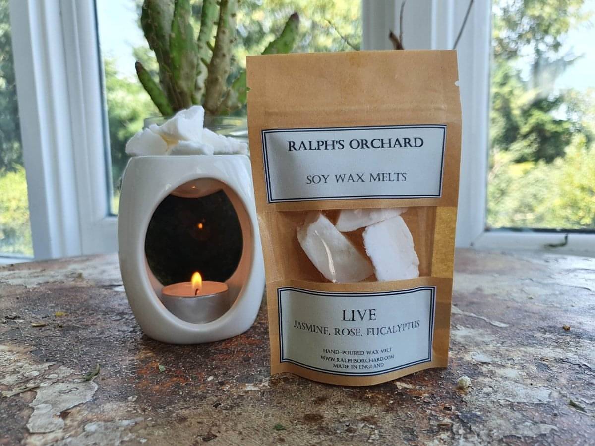 wax melts in brown bag with melt warmer in background