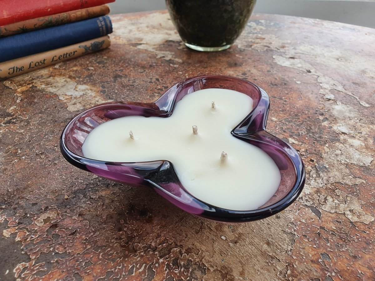 Purple flower shaped glass candle with 4 wicks